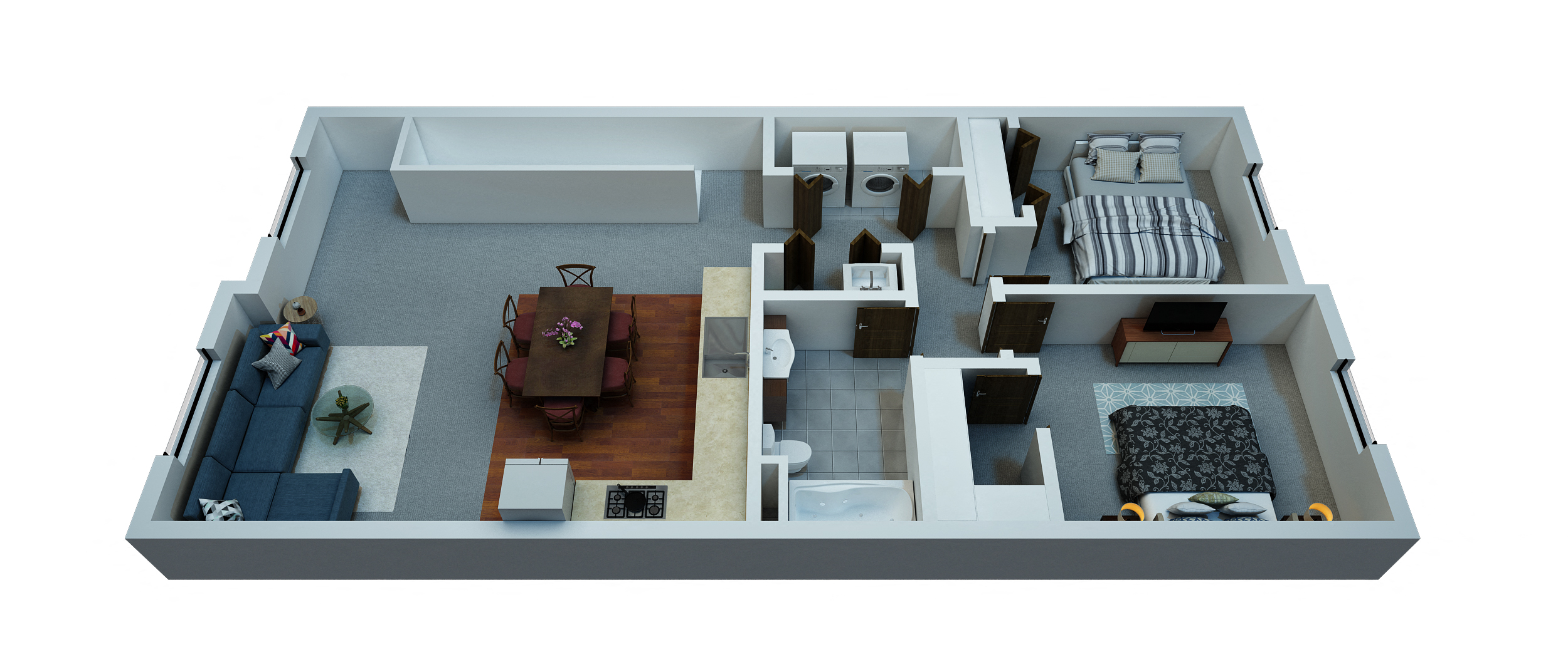 Floor plan for 2 beds, 1 bath, 991 sqft